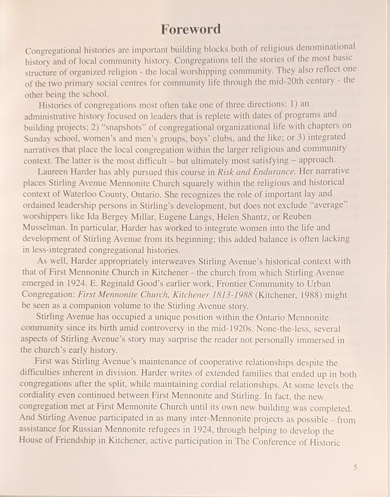 Risk and Endurance / A History of Stirling Avenue Mennonite Church