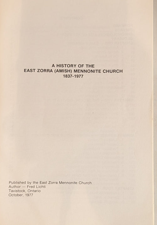 A History of the East Zorra (Amish) Mennonite Church, 1837–1977