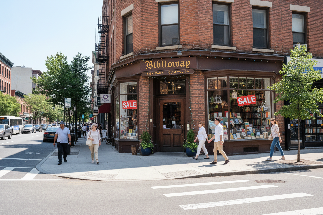 a bookstore view from the street It looks like someone's view from other side of the street. The name of the bookstore is Biblioway. On the windows, it says SALE. Several people walking on the street. It is midday. 